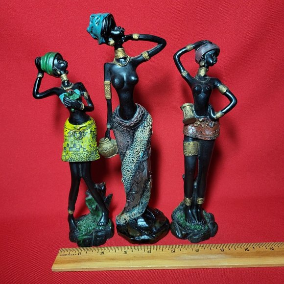 Vintage African Tribal Lady Woman Resin Figure Sculpture Decor Set of 3 - Picture 7 of 12